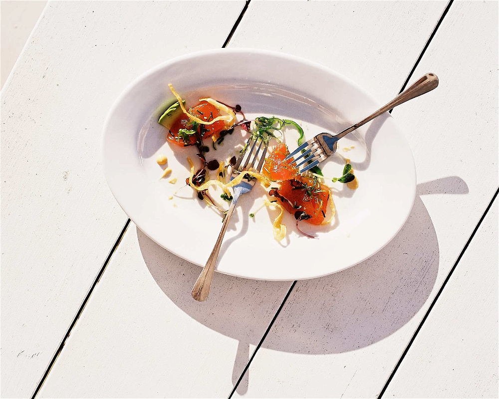 Food Photography of raw salmon and seaweed salad on white plate
