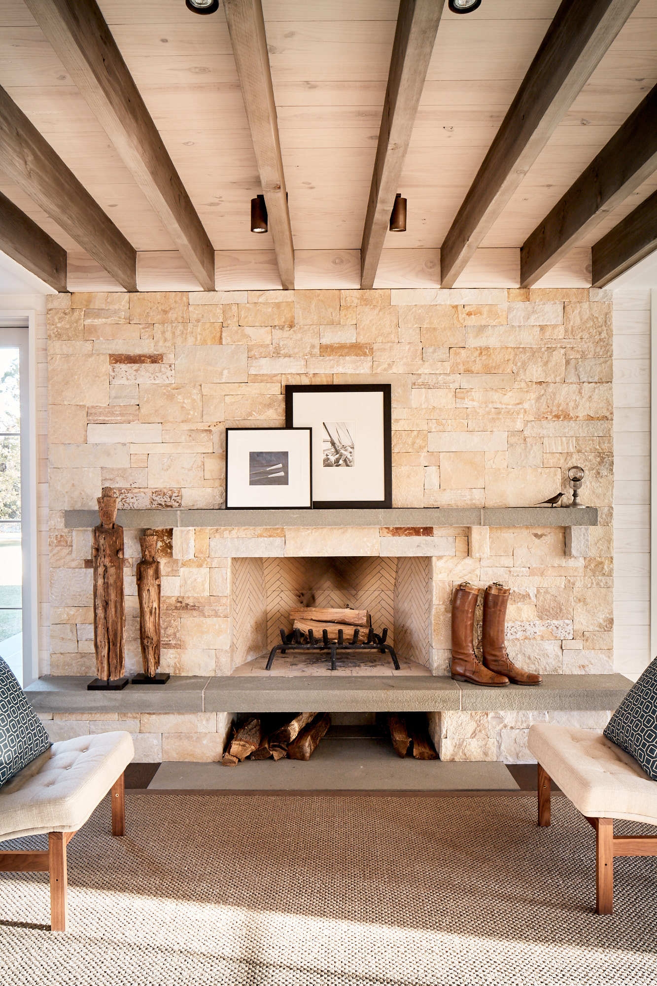 Brick fireplace with decorated mantle for Wettling Architects website