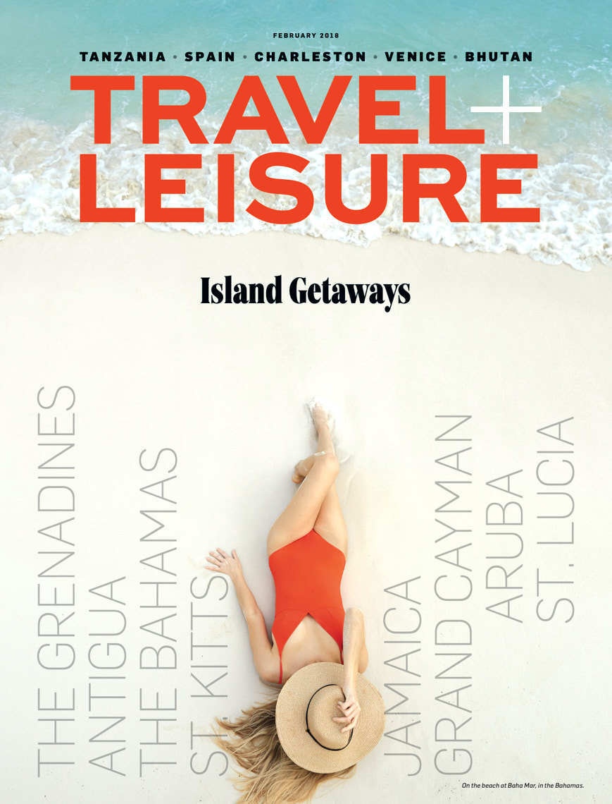 Travel + Leisure magazine cover of girl in bed bathing-suit lying on beach